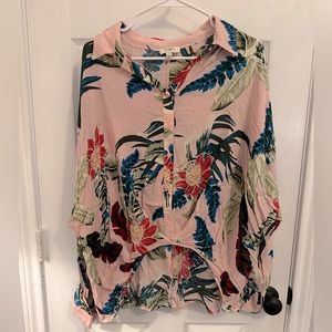 Tropical Floral Bat Wing Collared‎ Button Up Shirt Size Large